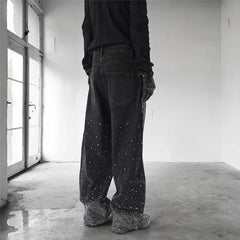High Street Denim Pants Retro Full Diamond Stamping Hip-hop Loose Straight Leg Wide Leg Streetwear Jeans