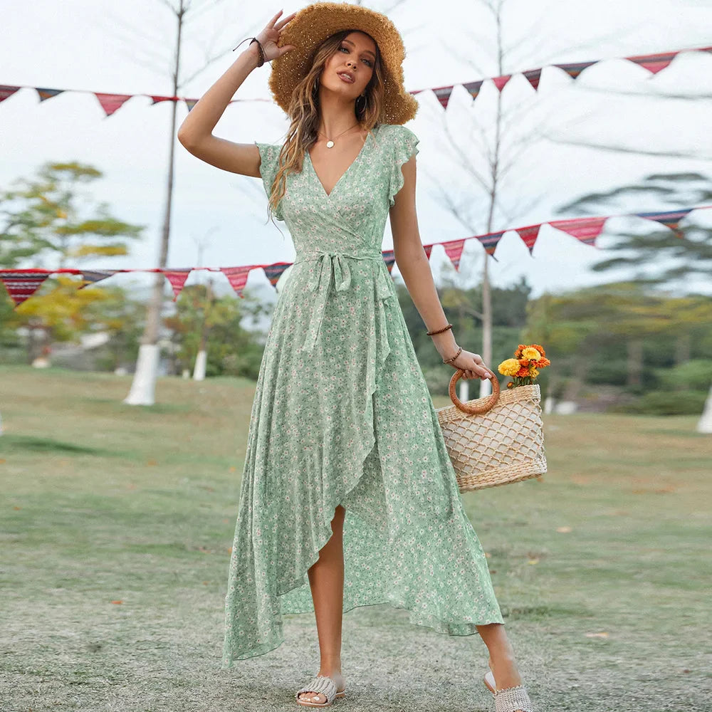 Style Elegant Long Dress Short-sleeved V-neck Bohemian Strappy Holiday Dress
