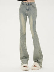 Ins Korean High Waist Flared Jeans High Street Boot Cut Pants Lady Y2k 2000s Yellow Denim Bell Bottom Trousers