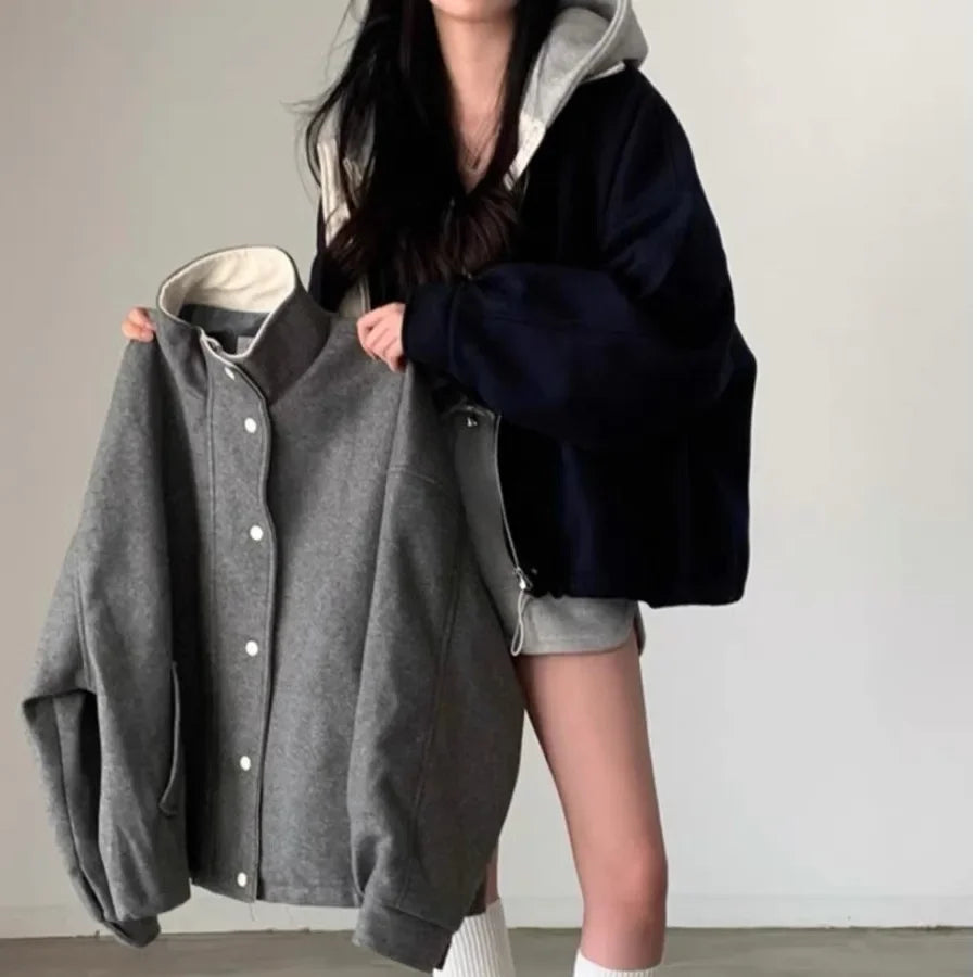 Gray Feel Chic Sale Of The Season French Vintage Turn-down Collar Loose Woolen Coat Jacket Female