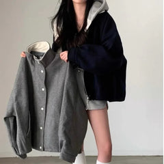 Gray Feel Chic Sale Of The Season French Vintage Turn-down Collar Loose Woolen Coat Jacket Female