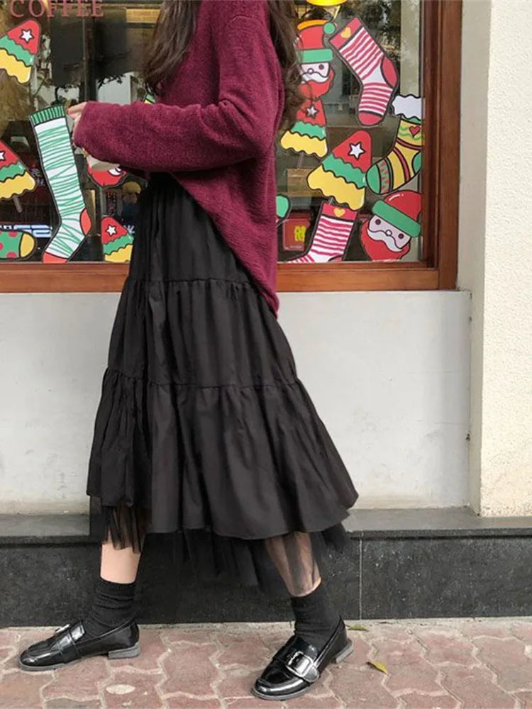 Long Tulle Midi Skirts  Elastic High Waist Mesh Tutu Pleated Skirts Black White Long Skirt Streetwear
