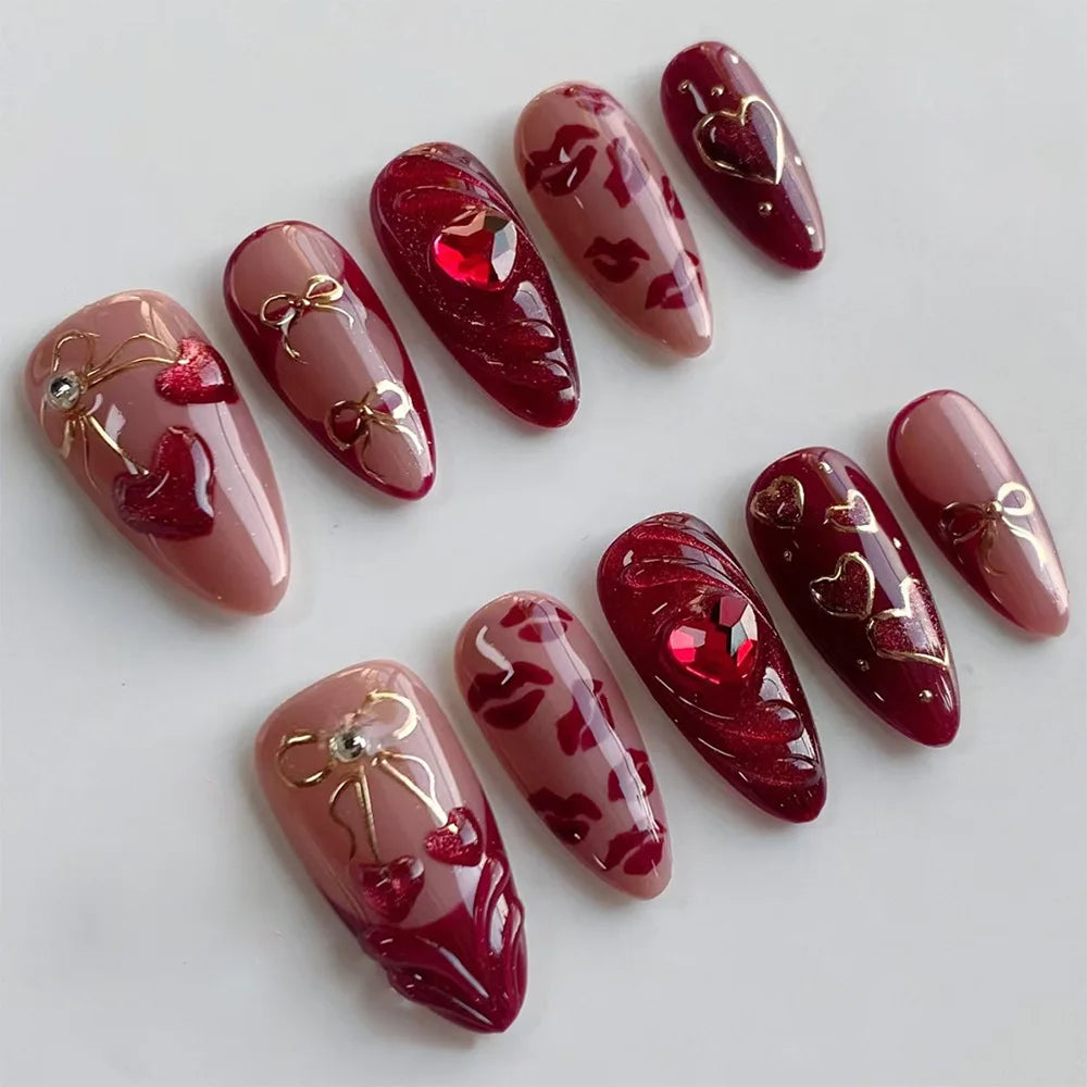 24pcs Wearable False Nail Strawberry Bow Design Nails Tips Red Short Almond Pearl Starlight Fake Nail Art Flower Press on Nails