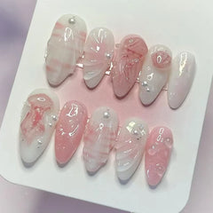 24pcs Press on Nails Tips Strawberry Rabbit Design Almond False Nails Sets Gradient Green Fake Nail Finished Detachable Manicure