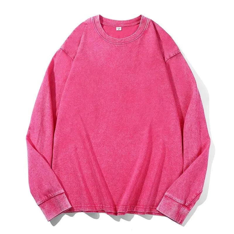 Plus Size Washed Pure Cotton Long Sleeve T-Shirt European Style Oversized round Neck Big Size