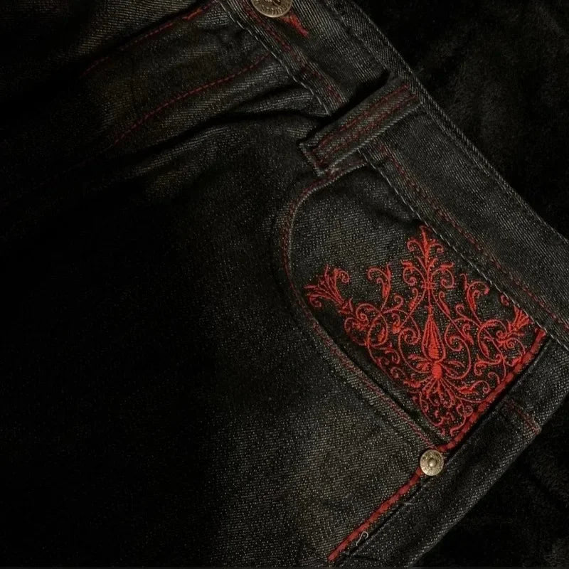 High Street Gothic Embroidered Black Red Pattern Y2K High Waist Jeans American Retro Street Couple Casual Pants