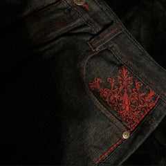 High Street gothique brodé hommes noir rouge motif Y2K taille haute jean américain rétro rue Couple pantalons décontractés