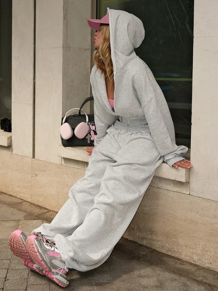 Kliou Casual Sporty 2 Piece Set Zip Cardigan Full Sleeve Hooded Crop Jacket+Elastic Waist Long Pants Daily Outfits