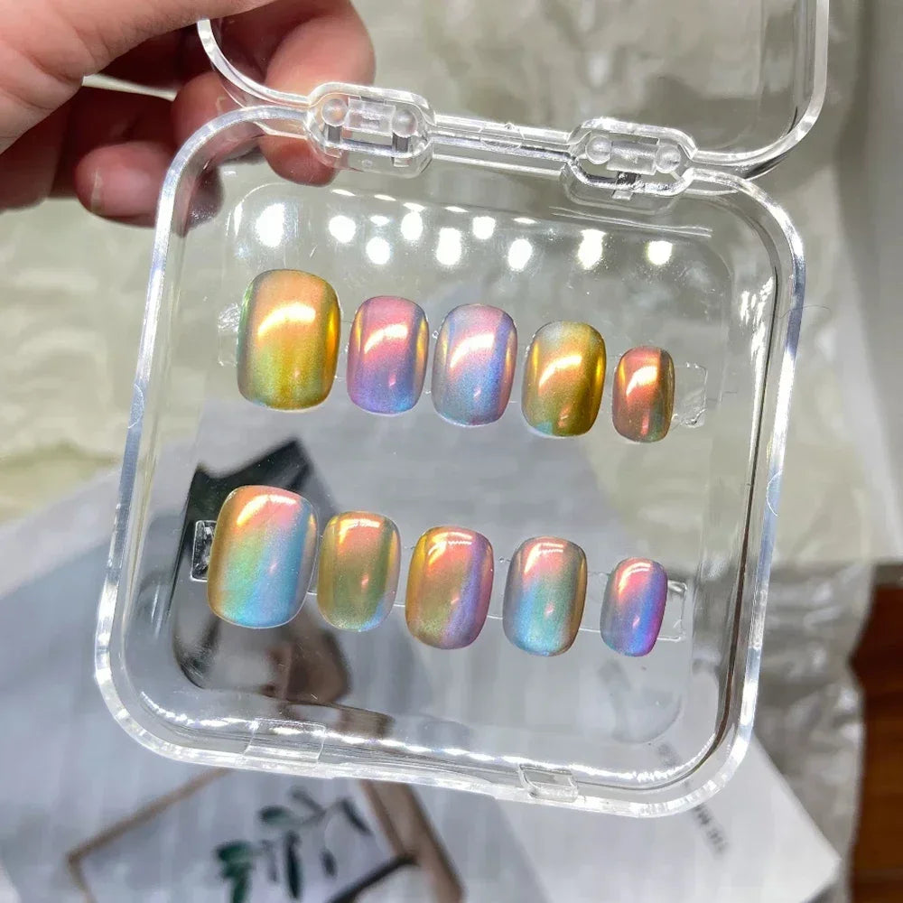 Beauty Colorful Short Square Round Detachable Manicure Kawaii Cat Eyes Glitter Sequins Rhinestone Handmade Full Cover Nail Tips