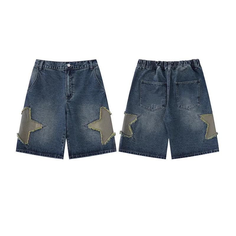 Star Patch Denim Shorts BF Style Loose Versatile Wide Leg Half Pants High Waisted Straight Leg Pants