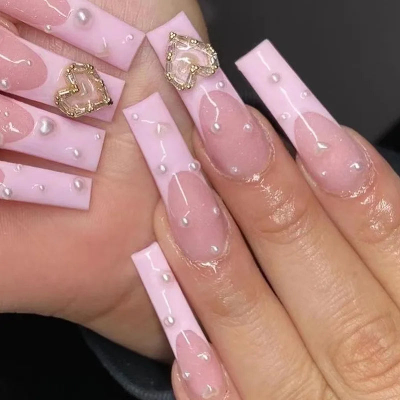 24pcs Rhinestones Full Cover Nail Art Datachable Glitter French Press on Nails Tip Flower Long Square Fake Nail Pink False Nails