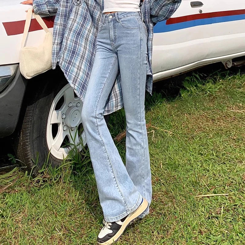 Elastic High Waist Bell Bottom Jeans High Street Designer Flare Pants Lady Blue Black Gothic Denim Trousers