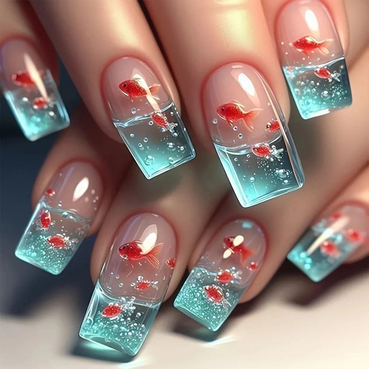 24pcs/set Medium long fake nails Swan fish flowers