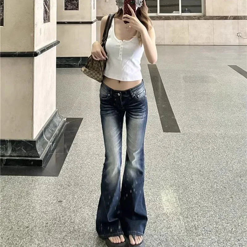 Washed Denim Flares Pants Korean Style Low-Waist Slimming Wide Leg Jeans Streetwear Slim Y2K Trousers