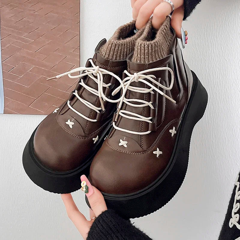 Platform Ankle Boots Elegant Lolita Style Ladies Causal Boots Simple Versatile Leather Boots Women