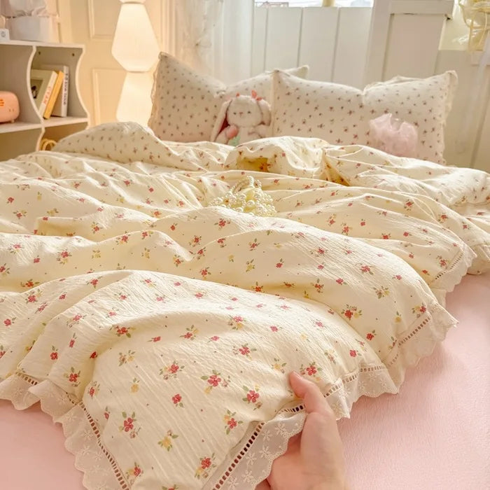 hollow lace wrinkled cotton four-piece set household student dormitory three-piece set bed sheet quilt cover