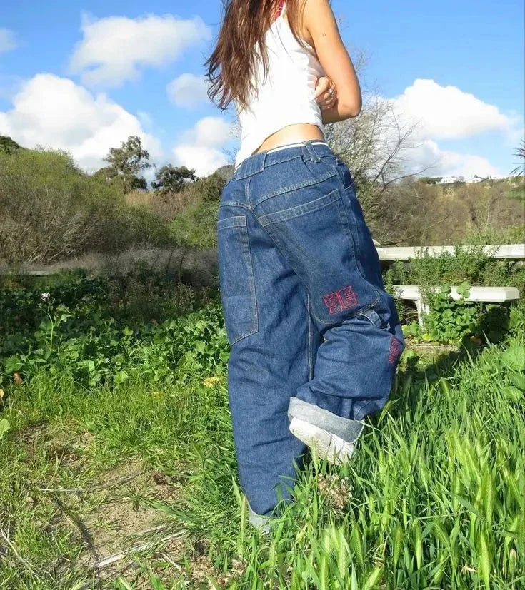 Light Colour Trend Dressing Up Korean Style Simple Baggy Angel Printed Jeans Necessary Solid Retro Straight Pants
