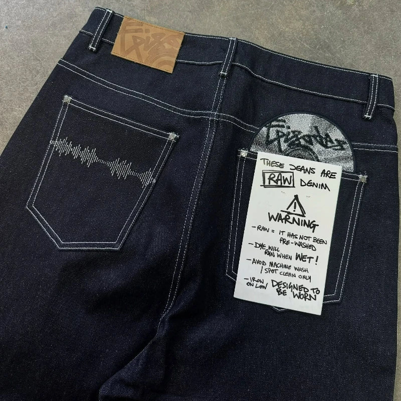 Vintage Black Denim Jeans Trendy Disc Embroidery