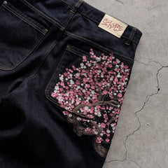 Y2K Harajuku jeans Goth vintage plum blossom embroidery pattern wide leg pants denim fabric American style street wear