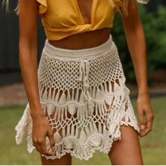 Handmade Crochet Hollow Out Swimwear Cover Up Solid Color Drawstring Short Skirt Holiday Knitting Sweet Beachwear