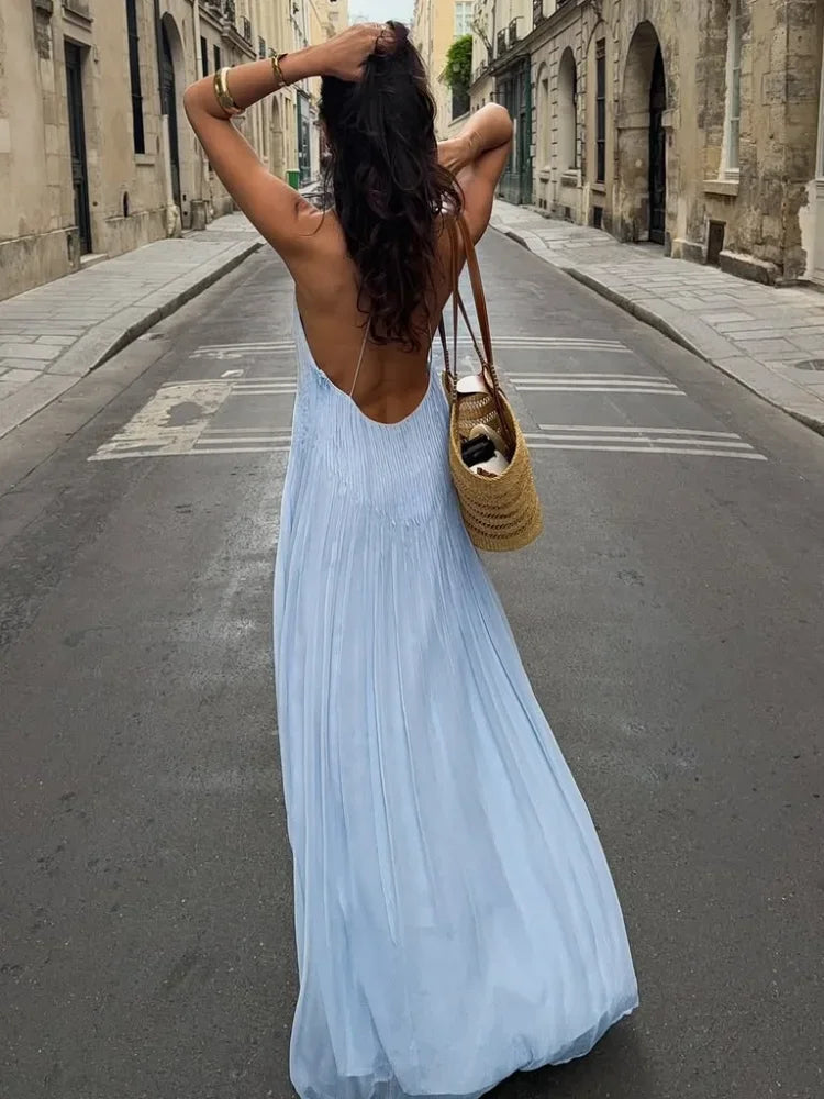 Casual Blue Pleated Sling Long Dress Elegant Sleeveless Backless Off Shoulder Slim Fit Dresses Beach Party Robe