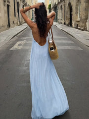 Casual Blue Pleated Sling Long Dress Elegant Sleeveless Backless Off Shoulder Slim Fit Dresses Beach Party Robe