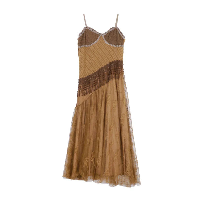 Korean style Ethnic Irgular Spaghettic Strap Fairy Boho Hippie Dress Tassel Mesh Stitching Spice Beach Slim Dress