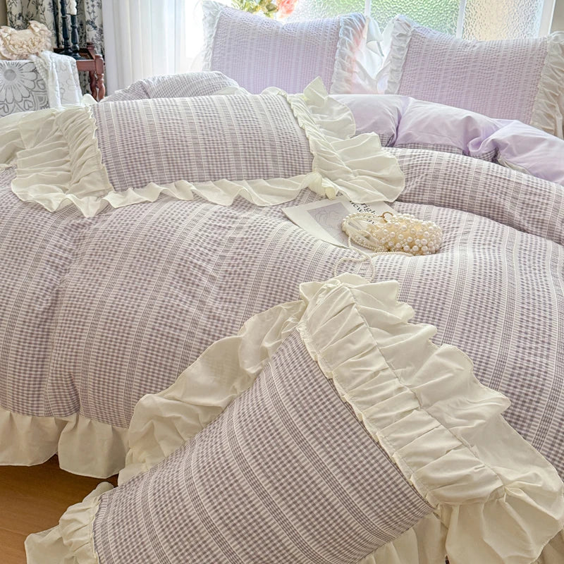 Pink Korean Princess Style Lace Ruffles Bedding Set Skin-friendly Seersucker Duvet Cover Set Fitted Sheet/Bed Sheet Pillowcases
