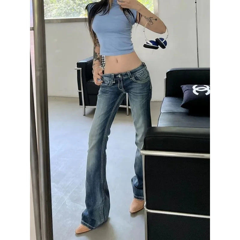 Gyaru Japanese Harajuku Trashy Y2K Jeans Low Rise Flare Denim Pants 2000s Bell-Bottom Long Trousers Kpop Vintage Slim Hot
