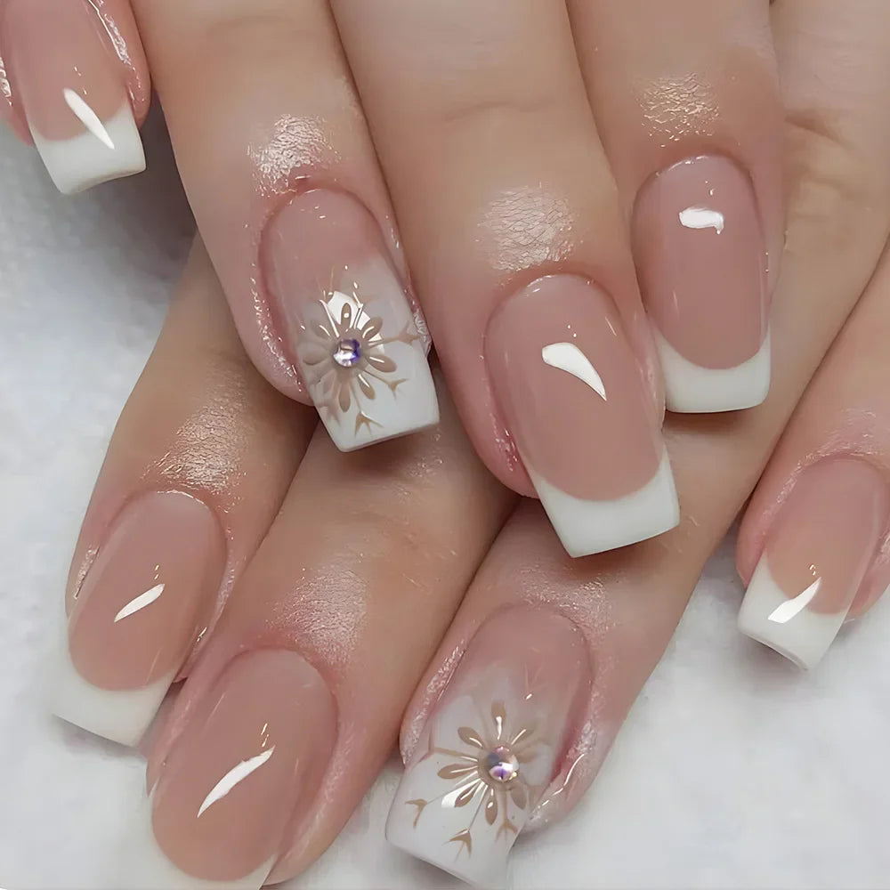 24Pcs Long Coffin Leopard Print False Nails with Glue Sweet Cool Diamond Fake Nail Set Floral French Press on Wearable Nail Tips