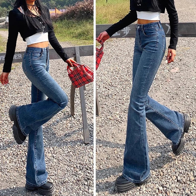 Elastic High Waist Bell Bottom Jeans High Street Designer Flare Pants Lady Blue Black Gothic Denim Trousers