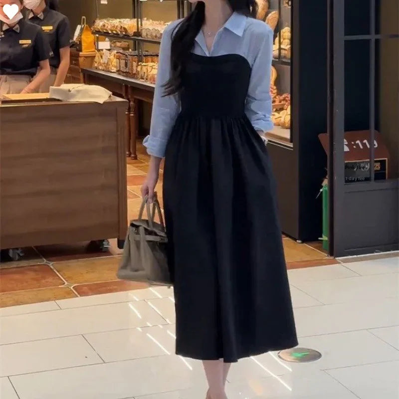 Arrival Two-piece Illusionshirt Black Long Sleeve Dress High-end Feel Matching Set