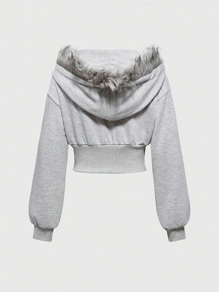 Warm Gothic Print Hoodie Faux Fur Crop Top Zip-Up Sweatshirt Y2K Streetwear Hooded Jacket New