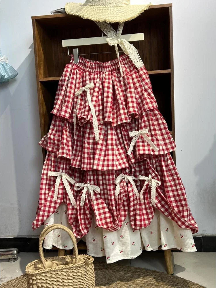 Korean Sweet Fit Chic Plaid Patchwork Skirt Vintage Bow Print Fluffy Skirts Harajuku Y2k Lovely Clothes Spring