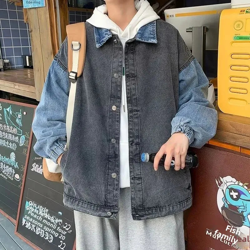 Retro Denim Jacket Design Patchwork Color Block Collar Stand up Loose Fit Casual Trendy Top