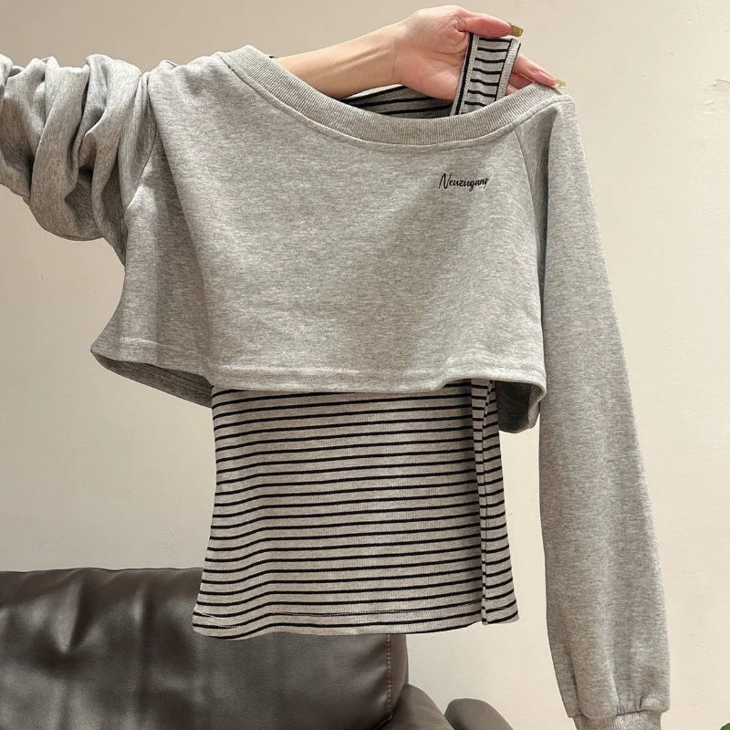 Xia Zhenhua Gray Off-shoulder Long-sleeved Striped Sweatshirt Design Matching Vest Two-piece Set