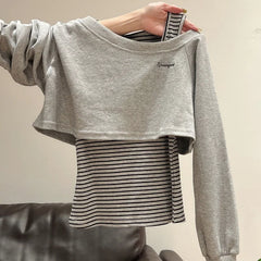 Xia Zhenhua Gray Off-shoulder Long-sleeved Striped Sweatshirt Design Matching Vest Two-piece Set