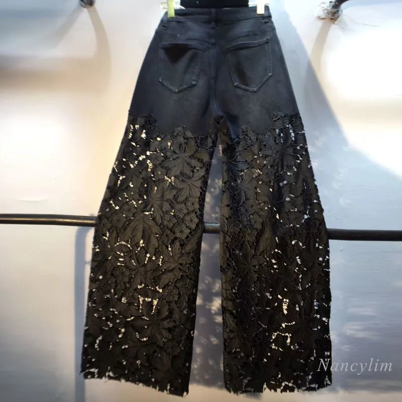 European Hollow Lace Jeans Black Lace Denim Pants Heavy Industry Beads Diamond Denim Splicing Crochet