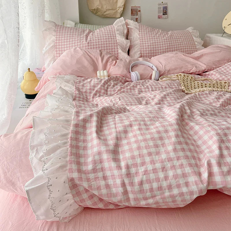 3 Piece Sheet Set pink plaid duvet cover Set
