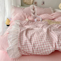 3 Piece Sheet Set pink plaid duvet cover Set