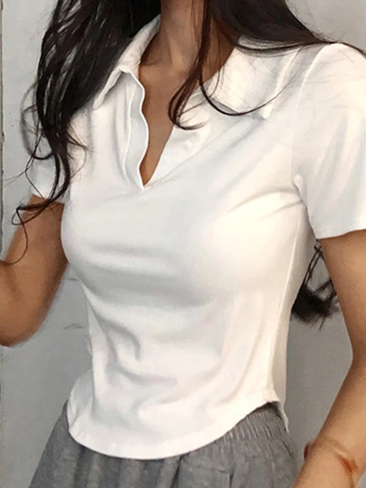 Short Sleeve Lapel Top Solid V-Neck Pullovers Retro Sweet Shirts Girl Crop Top Slim Versatile Tee