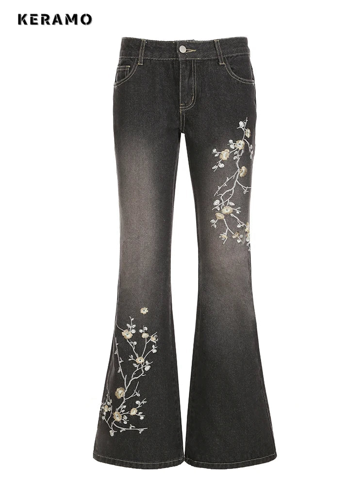 Weekeep Floral Embroidery Jeans Vintage 2000s Low Rise Flared Jeans Retro y2k Baggy Denim Pants High Street Basic Trousers