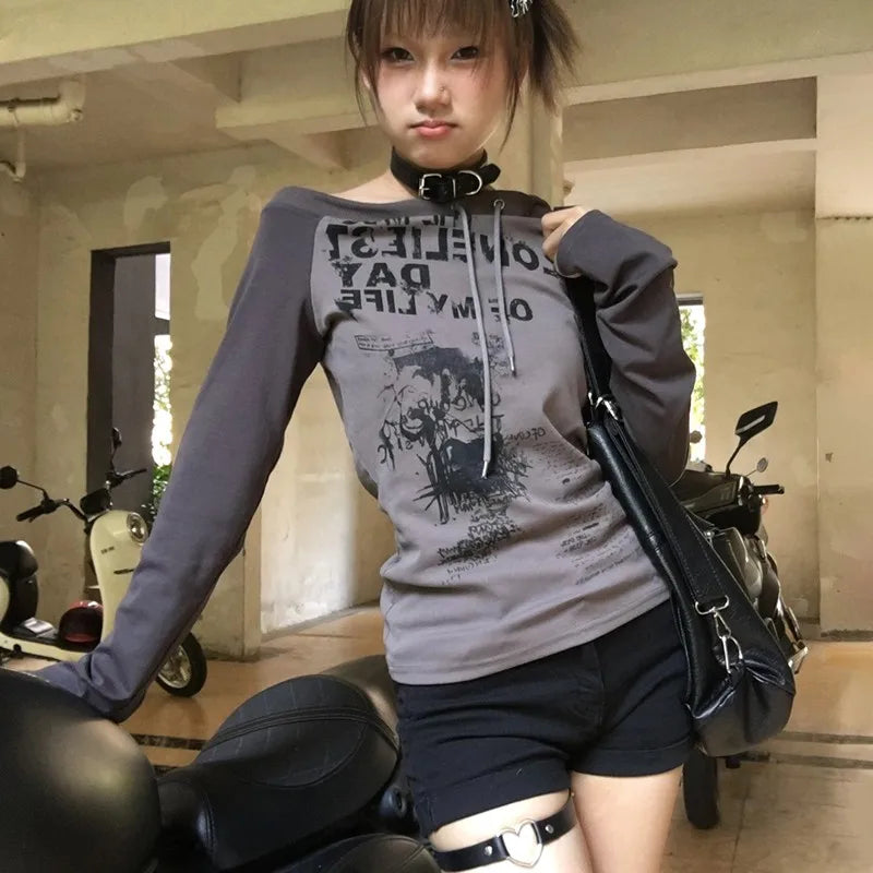 Karrram Japanese Y2k Off Shoulder T-shirt Grunge Aesthetics Graffiti Print Long Sleeve Tee Shirt Vintage Harajuku Streetwear 90s