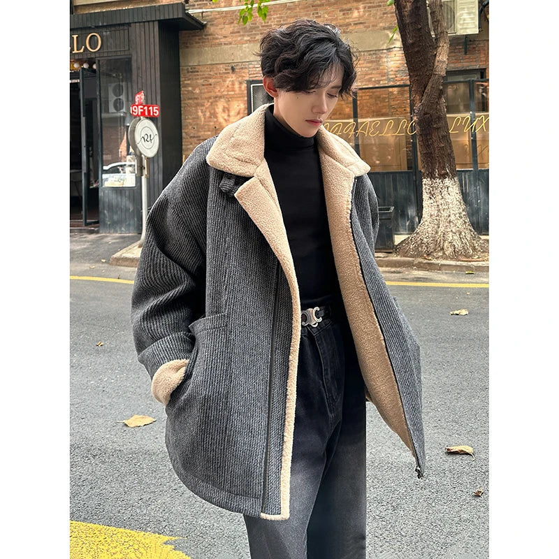Berber Fleece Jacket Parka Coats Multi-pockets Stand Collar Casual Thick Warm Jacket Man Khaki/Dark Gray