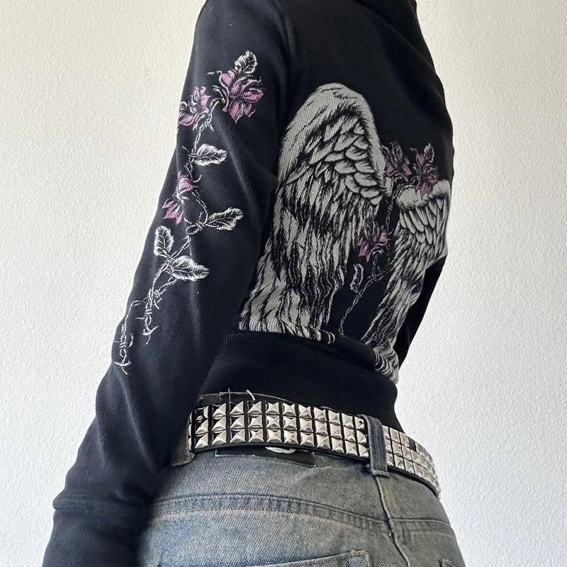 00s Vintage Jacket Y2k Grunge Zip Up Sweatshirt Flower Wings Print Slim Fit Hoodies E-girl Gothic Cool Street Outwear