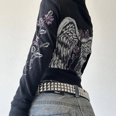 00s Vintage Jacket Y2k Grunge Zip Up Sweatshirt Flower Wings Print Slim Fit Hoodies E-girl Gothic Cool Street Outwear