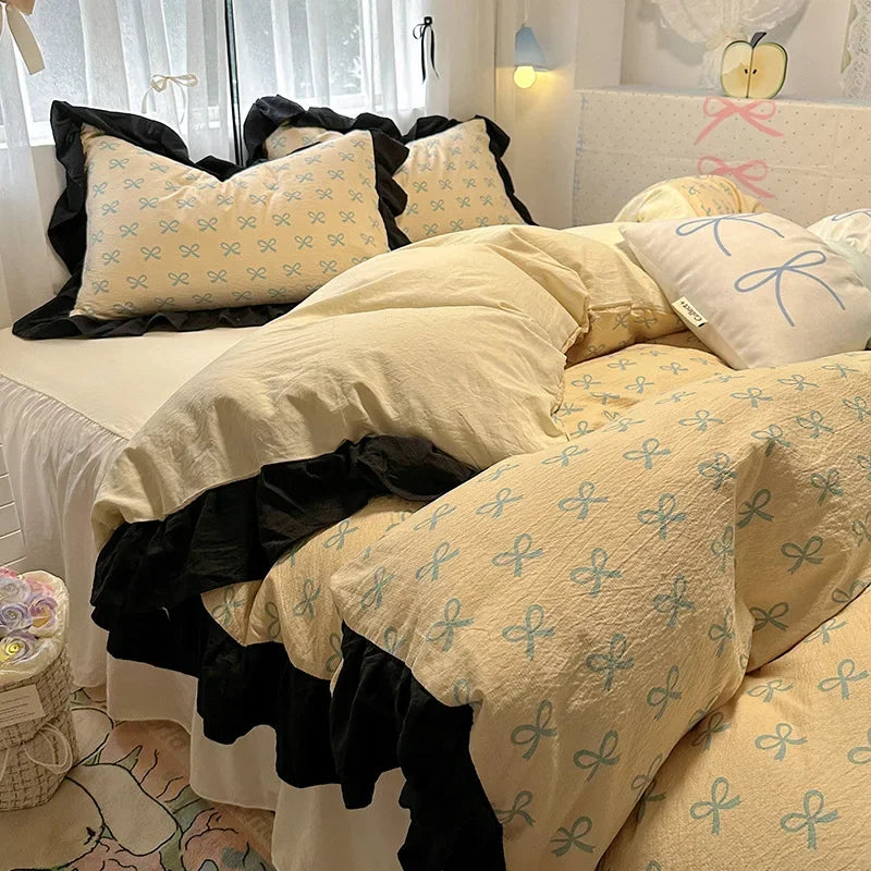1.5/1.8 Korean Style 100% Cotton Fitted Sheet Sets with Lace Flower Print Bedding Set