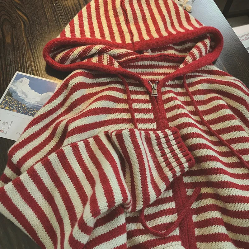 Contrast Color Stripe Hood Knit Cardigan Women