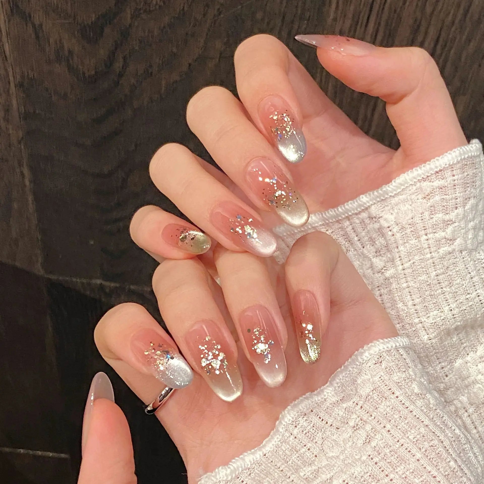 10pcs Simple Handmade Fake Nail Tip Gradient Pink Design False Nail Art Reusable French Cat's Eye Mid-length Oval Press on Nails