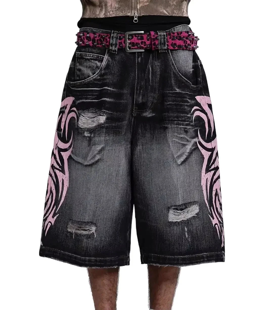 Y2K Denim Shorts Patch Vintage Shorts Street Hip Hop Harajuku Punk Loose High Waist Wide Leg Pants